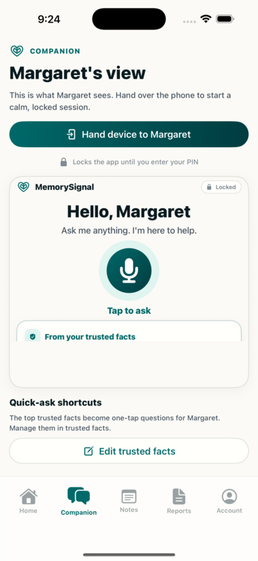 MemorySignal Ask screen — voice-first question and a trusted answer