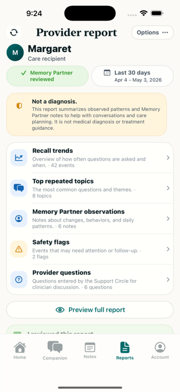 MemorySignal provider report — sectioned summary with export and secure sharing